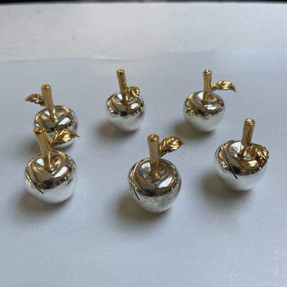 Six Vintage Silver Apple Name Card Holders Silver Tone Golden Leaves Holiday - Picture 1 of 3